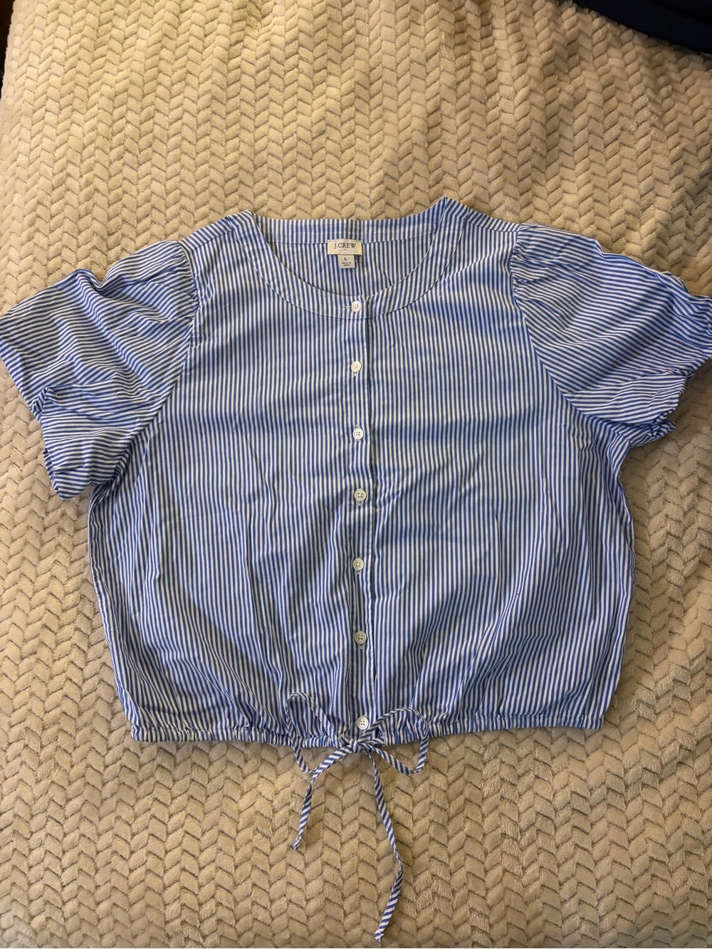J. Crew Blue and White Striped Button-Front Tie-Hem Top